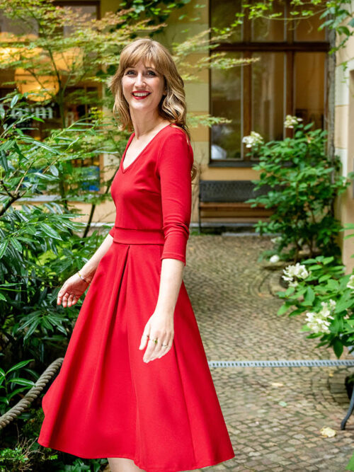 Rotes Midi-Kleid mit V-Ausschnitt - Adele